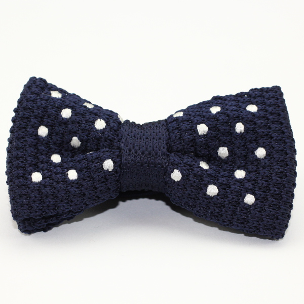 Kruwear Knitted Royal Blue Men's Bow Tie with White Polka Dots - Adjustable Pre-tied Men’s Knitted Bow Tie Bowtie.