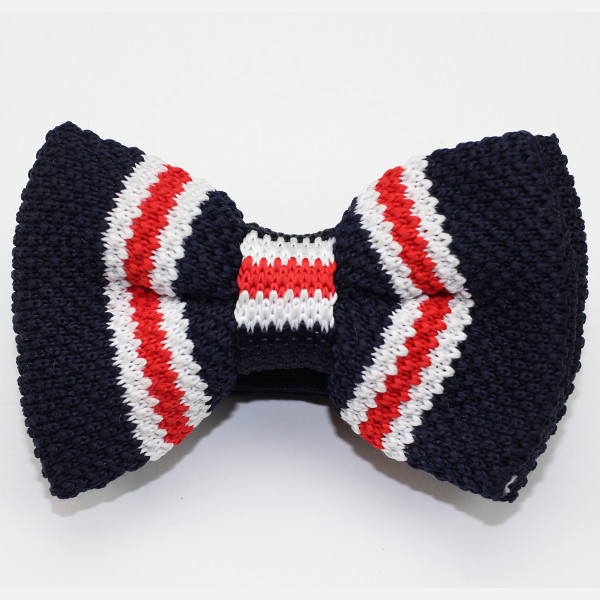 Knitted Blue White Red Striped Adjustable Bow Tie Bowtie