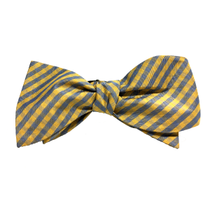 C++ is a mustard gold steel blue adjustable 100% silk gingham self-tied bow tie.
