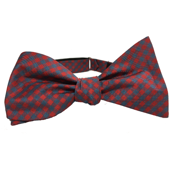 FORTRAN is a cherry red and gray gingham self-tied adjustable 100% silk bow tie by Kruwear