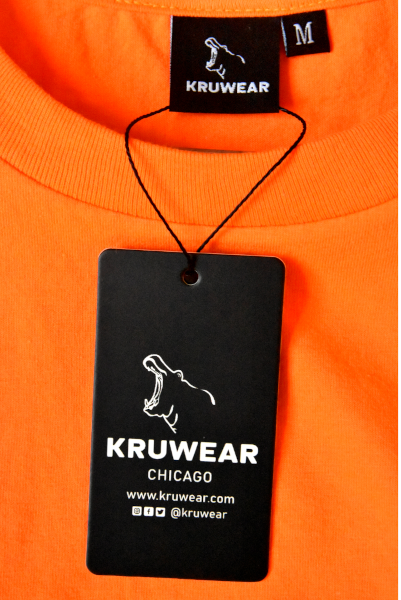 Kruwear Men’s Classic-Fit Logo Orange Jersey T-Shirt with Kruwear in blue letters.